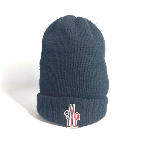 MONCLER Logo patch beanie hat knit hat knit cap Knit hat wool Black - Picture 1 of 13